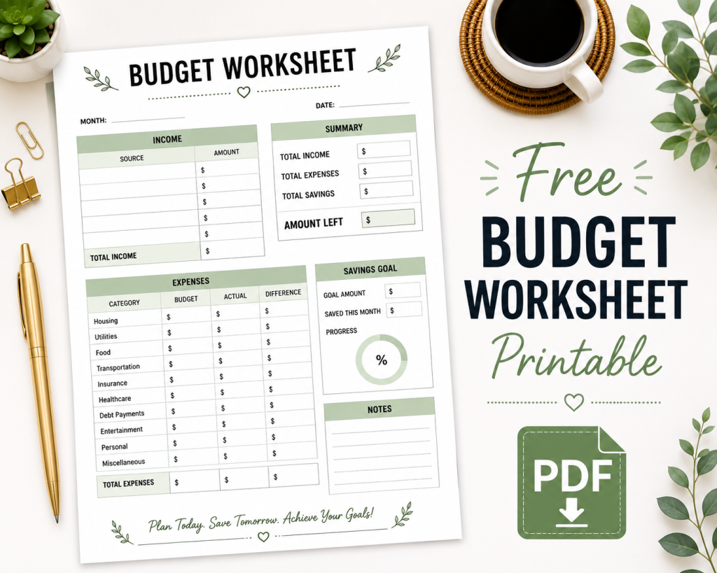 free budget worksheet printable PDF budgeting system for beginners