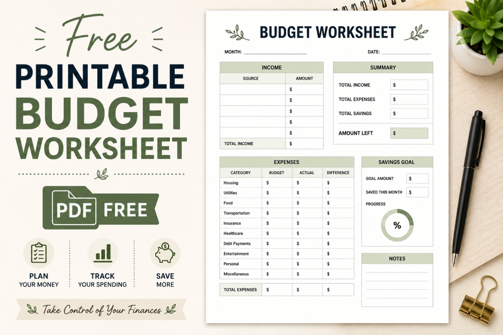 free printable budget worksheet PDF budgeting system for beginners