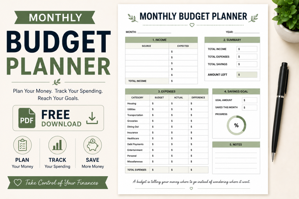 monthly budget planner PDF printable budgeting template for beginners