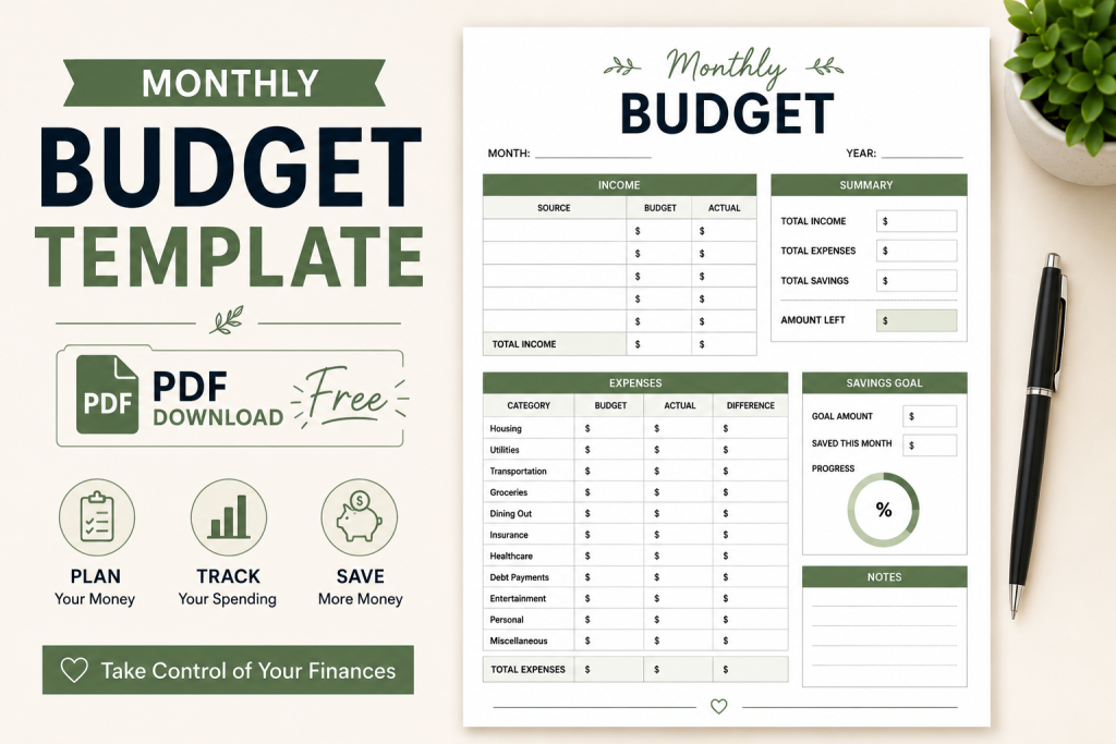 monthly budget template PDF printable budgeting worksheet