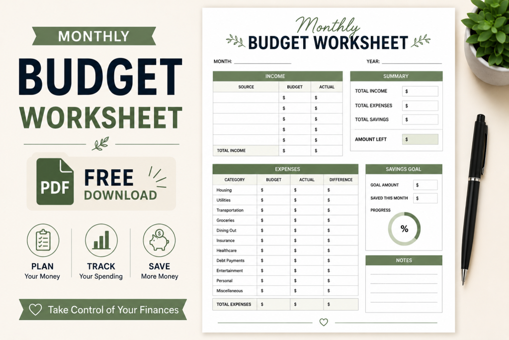 monthly budget worksheet PDF printable budgeting template for beginners