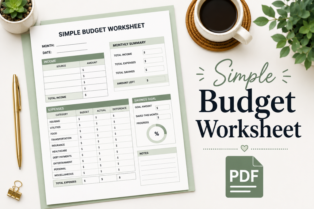 simple budget worksheet PDF printable budgeting system for beginners