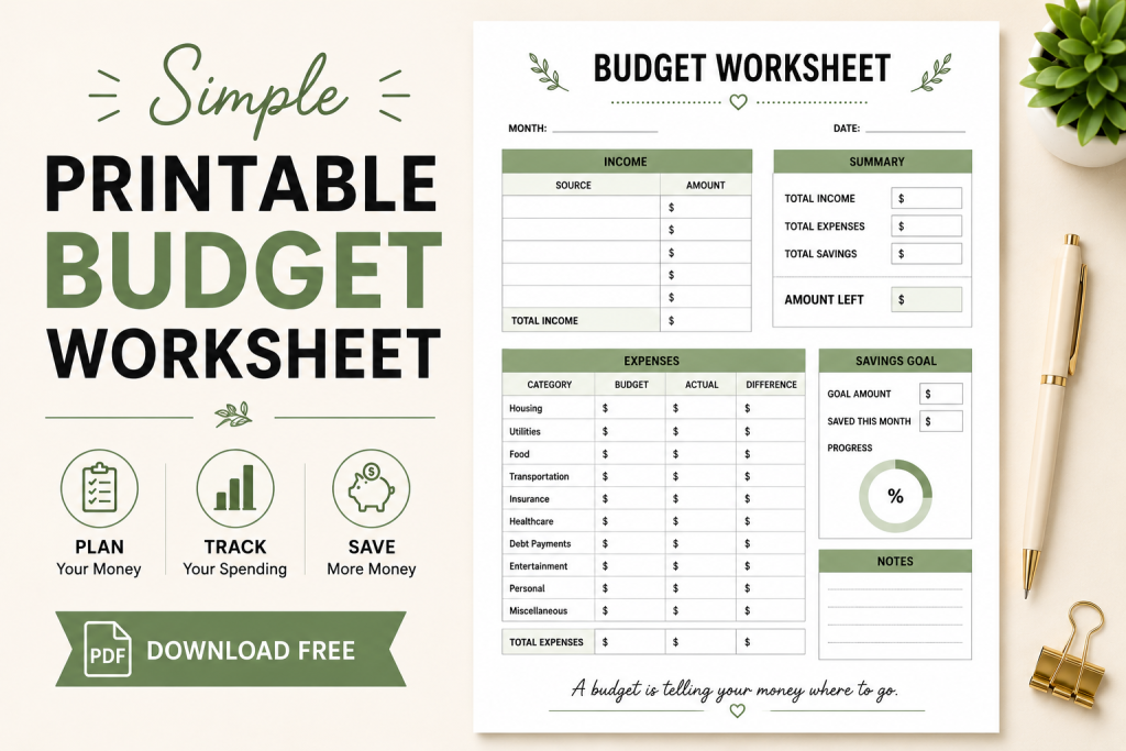simple printable budget worksheet PDF budgeting system for beginners