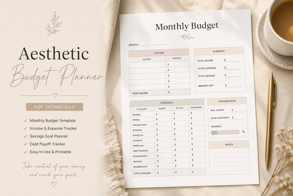 aesthetic budget planner PDF printable budgeting pages for beginners