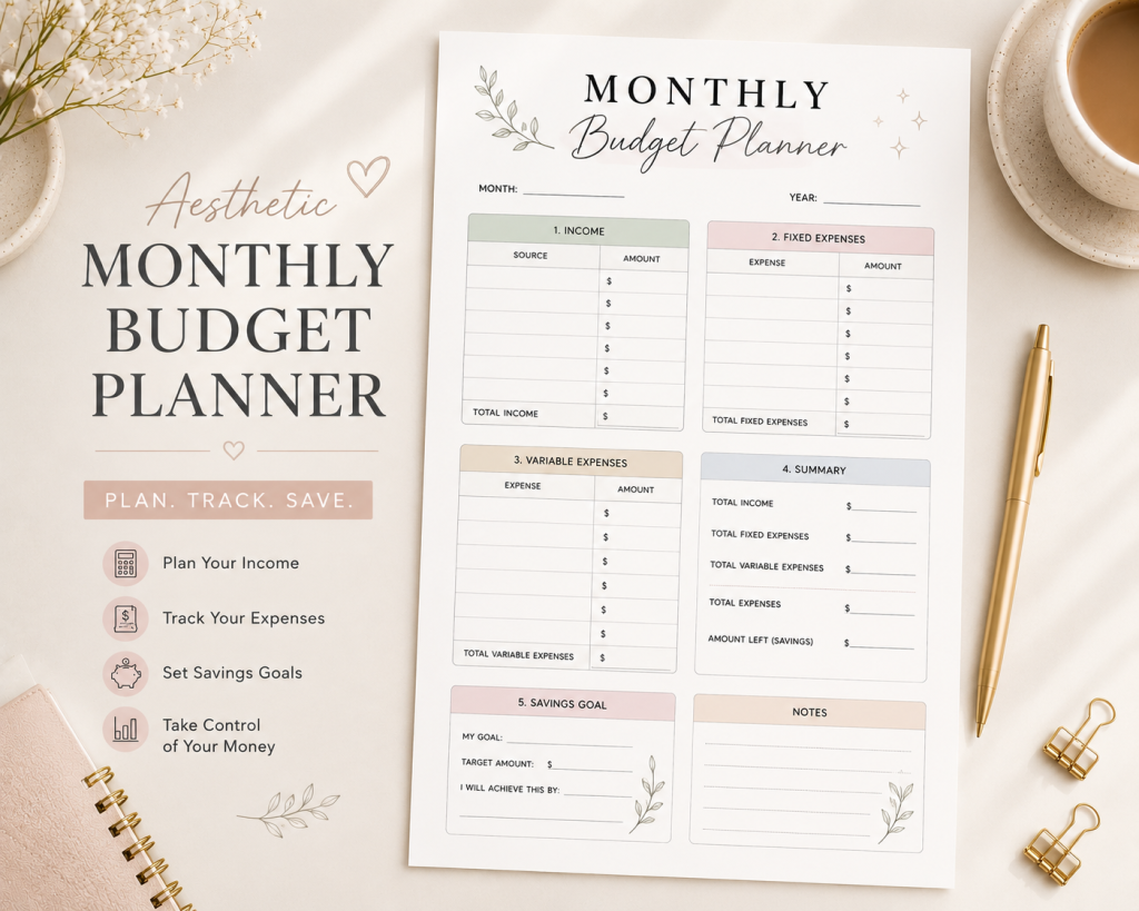 aesthetic monthly budget planner PDF printable budgeting pages for beginners