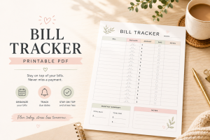 bill tracker printable PDF with monthly bills, due dates, payment amounts and paid status