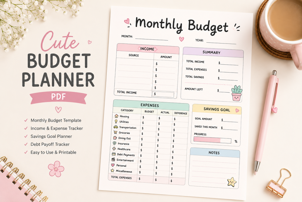 cute budget planner PDF printable budgeting pages for beginners