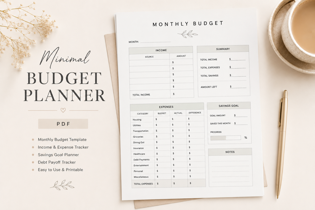 minimal budget planner PDF printable budgeting pages for beginners