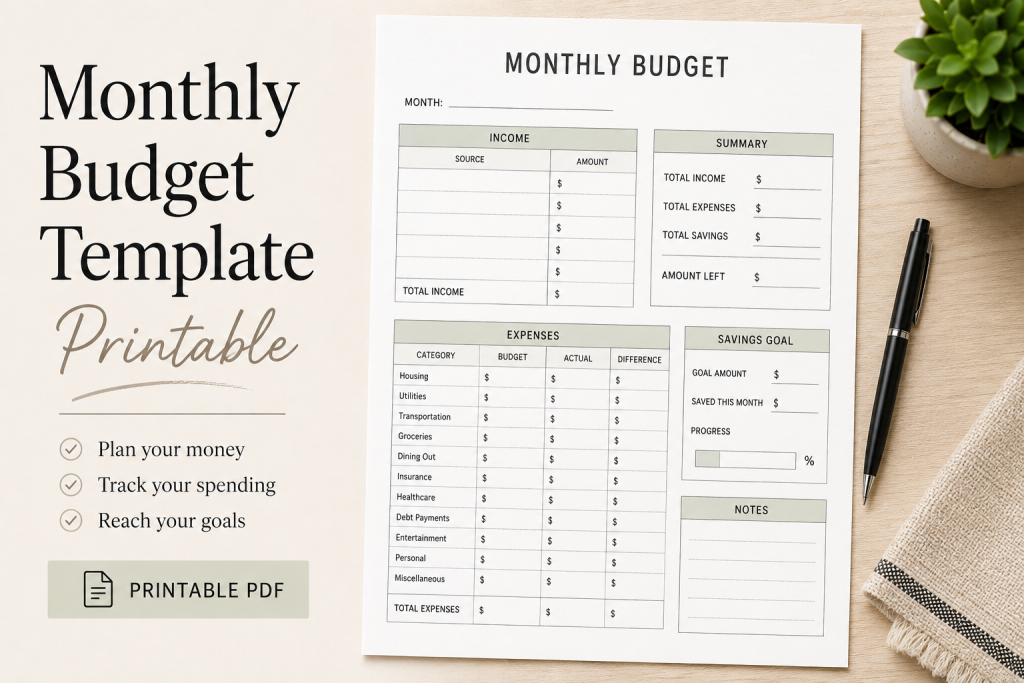 monthly budget template printable PDF budgeting worksheet for beginners