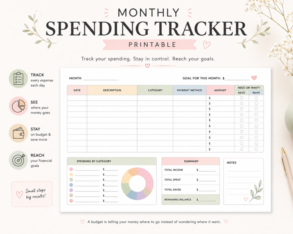 monthly spending tracker printable PDF expense tracker for beginners