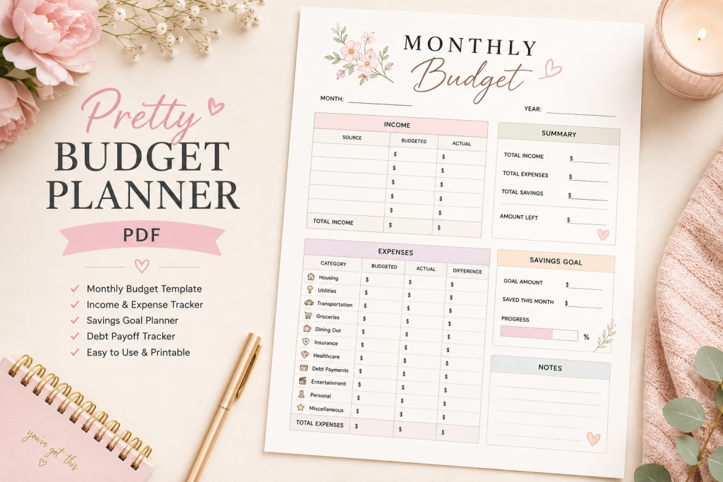 pretty budget planner PDF printable budgeting pages for beginners