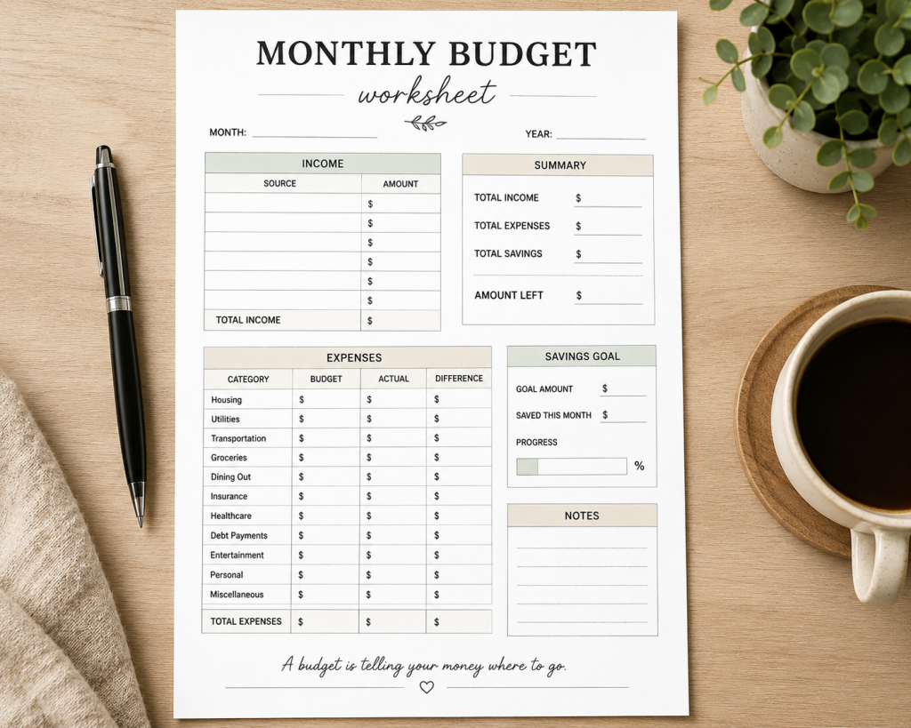 printable monthly budget worksheet PDF budgeting template for beginners