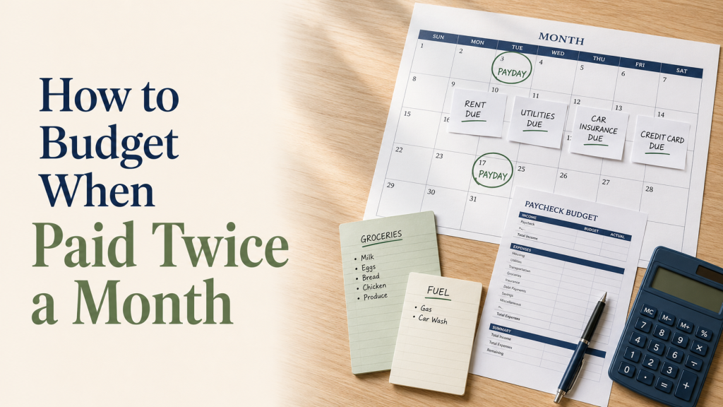 monthly budget calendar divided between two paychecks with bills groceries and transportation