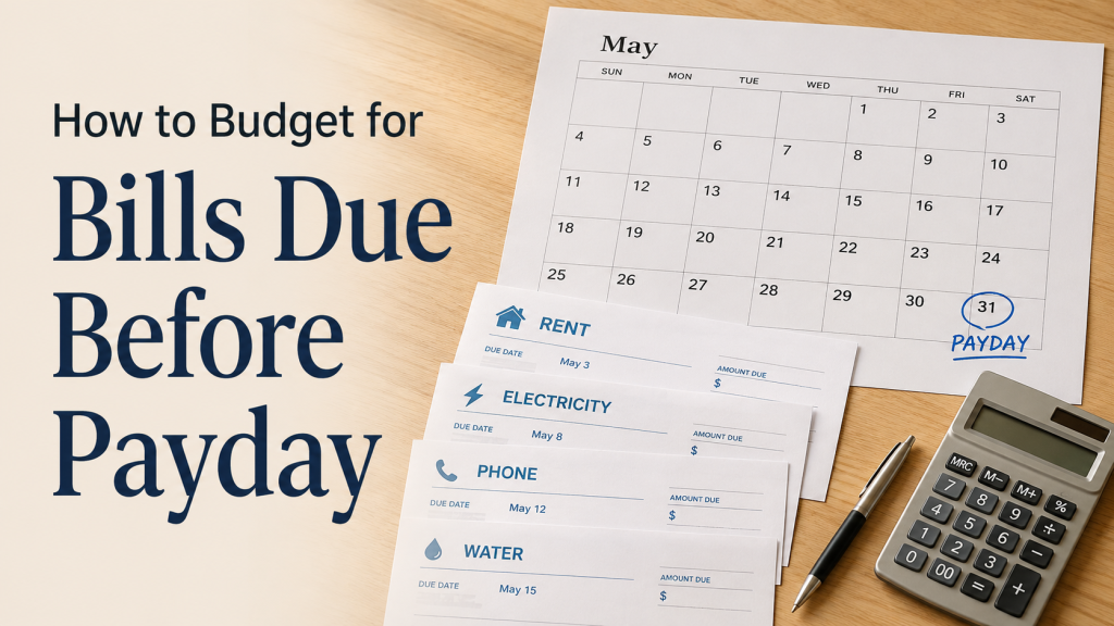 bills due before payday organized on a calendar with money reserved from an earlier paycheck