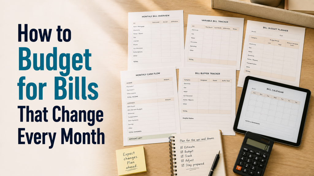 monthly utility bills with different amounts organized beside a budget and calculator