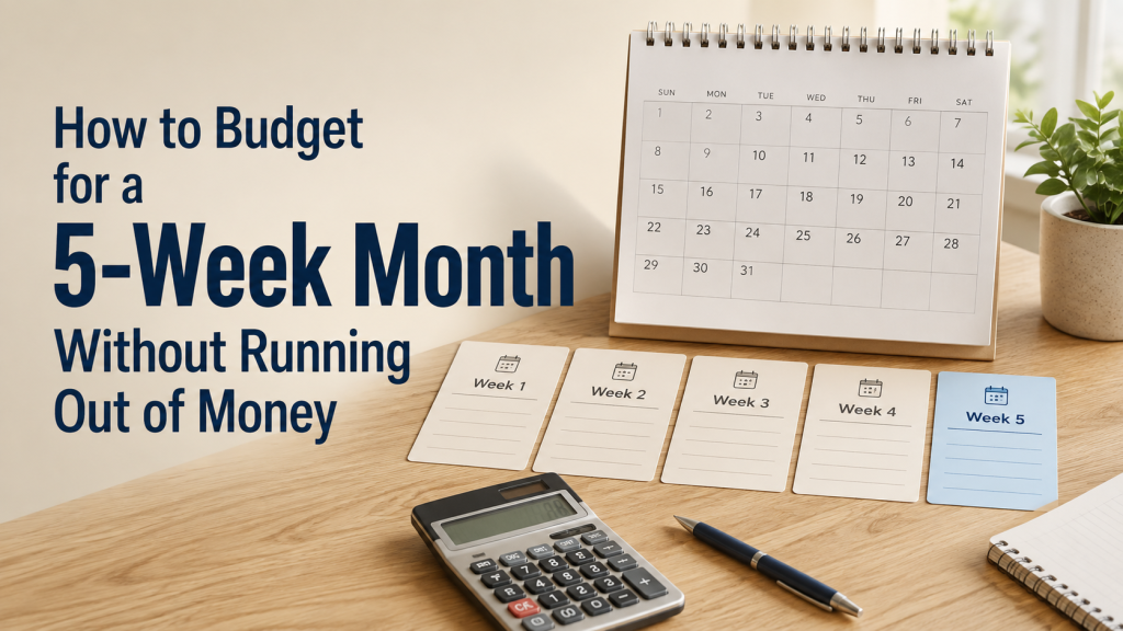 five-week monthly budget with grocery, transportation and weekly spending amounts planned separately