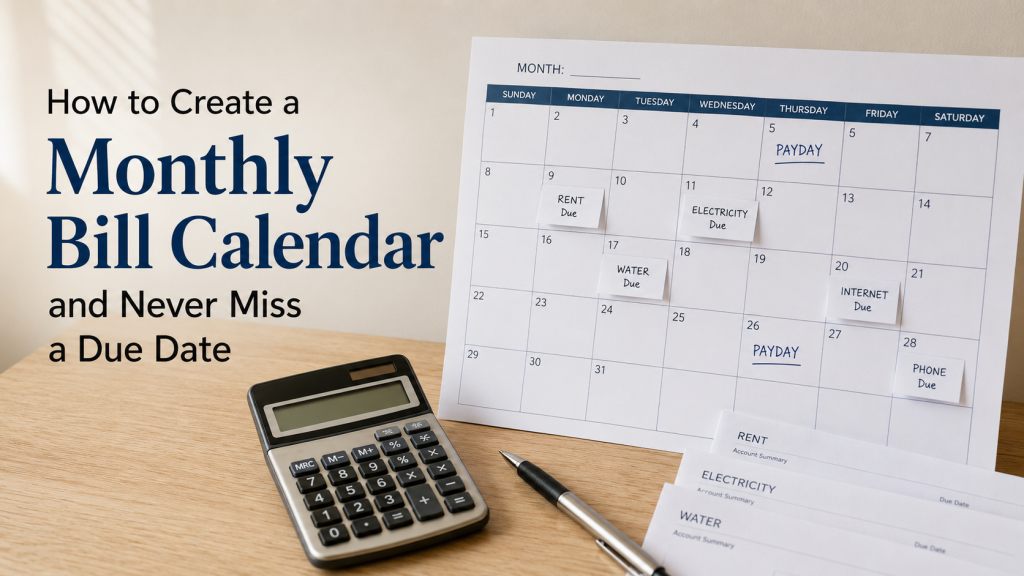 monthly bill calendar with household bills organized by due date and payday