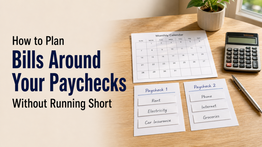 monthly bills assigned to two different paychecks using a paycheck budget calendar