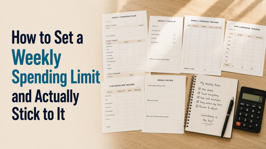 weekly spending limit divided between four weeks with budget planner and receipts
